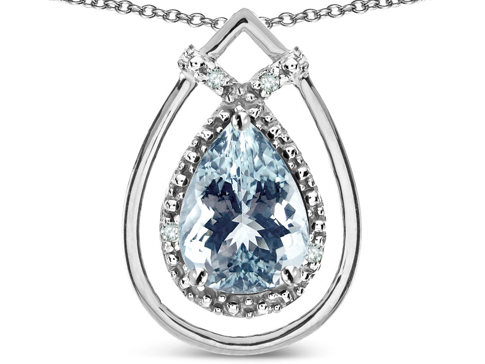 Star K 8x6 Pear Shape Genuine Aquamarine Halo Pendant Necklace