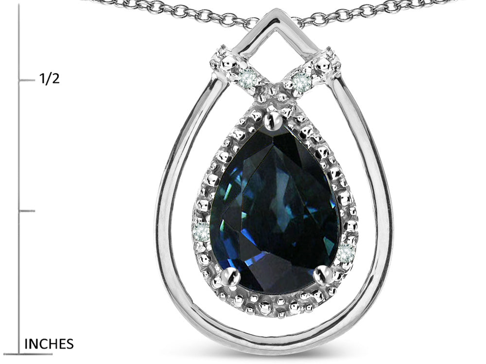 Star K 8x6 Pear Shape Genuine Sapphire Halo Pendant Necklace