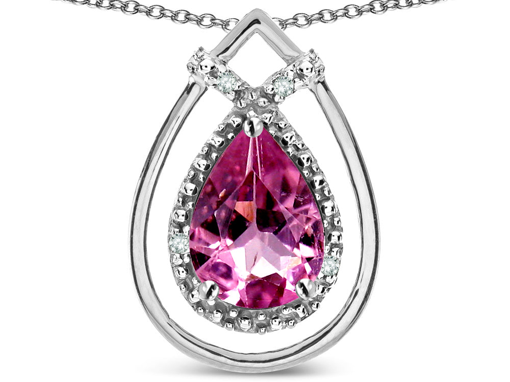 Star K 8x6 Pear Shape Genuine Pink Tourmaline Halo Pendant Necklace