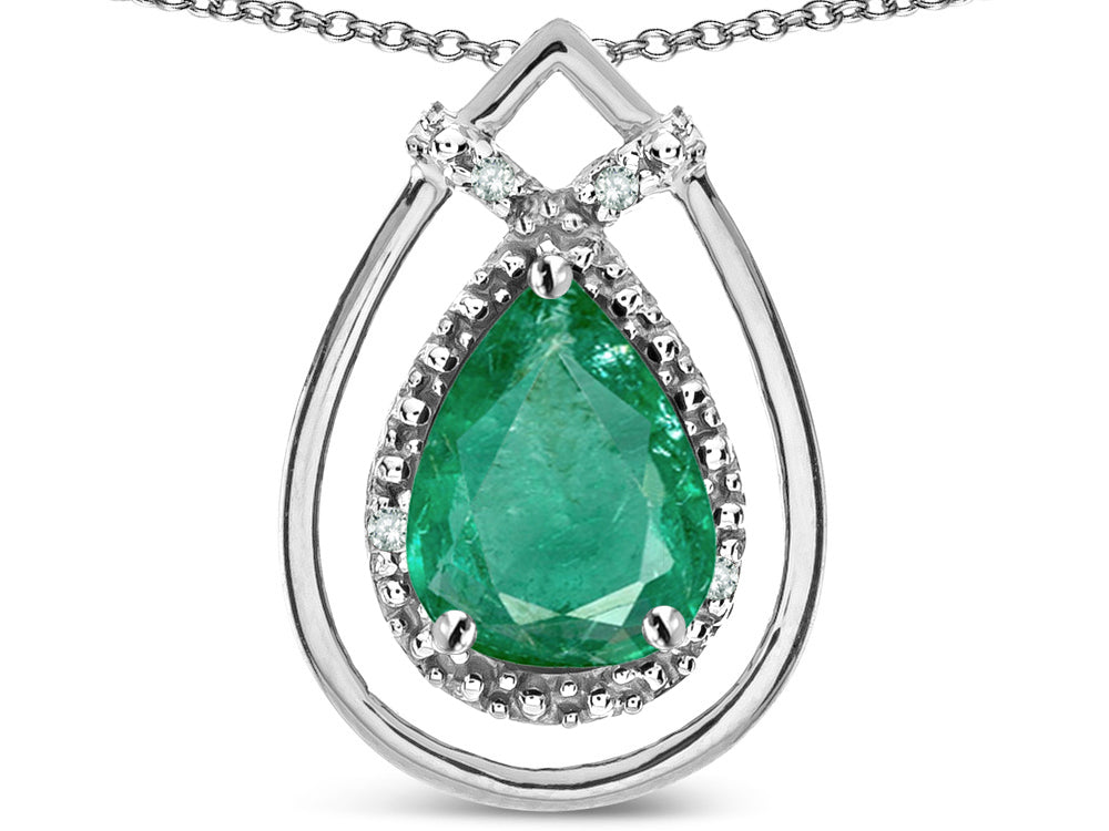 Star K 8x6 Pear Shape Genuine Emerald Halo Pendant Necklace