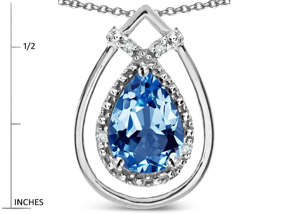 Star K 8x6 Pear Shape Genuine Blue Topaz Halo Pendant Necklace