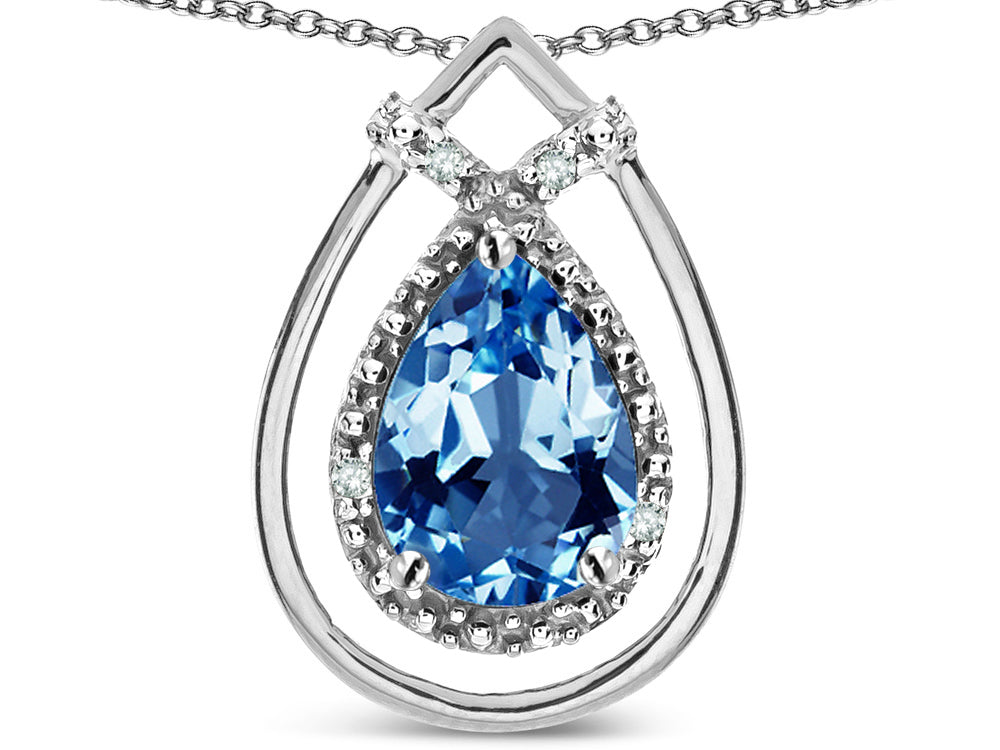 Star K 8x6 Pear Shape Genuine Blue Topaz Halo Pendant Necklace