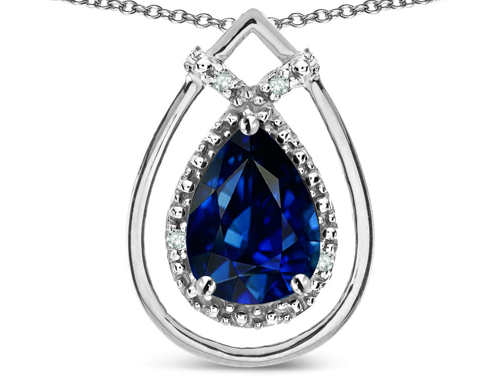 Star K 8x6 Pear Shape Created Sapphire Halo Pendant Necklace