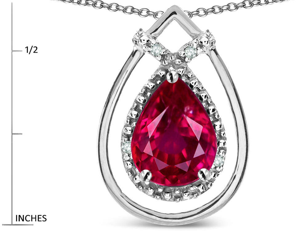 Star K 8x6 Pear Shape Created Ruby Halo Pendant Necklace