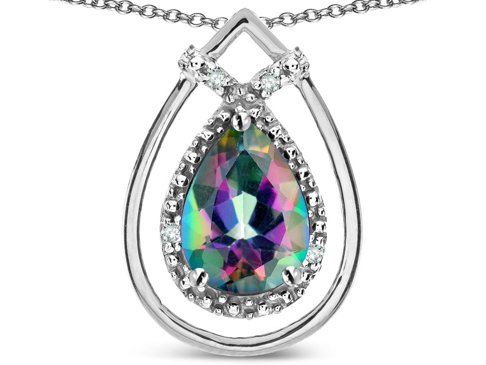 Star K 8x6 Pear Shape Rainbow Mystic Topaz Halo Pendant Necklace