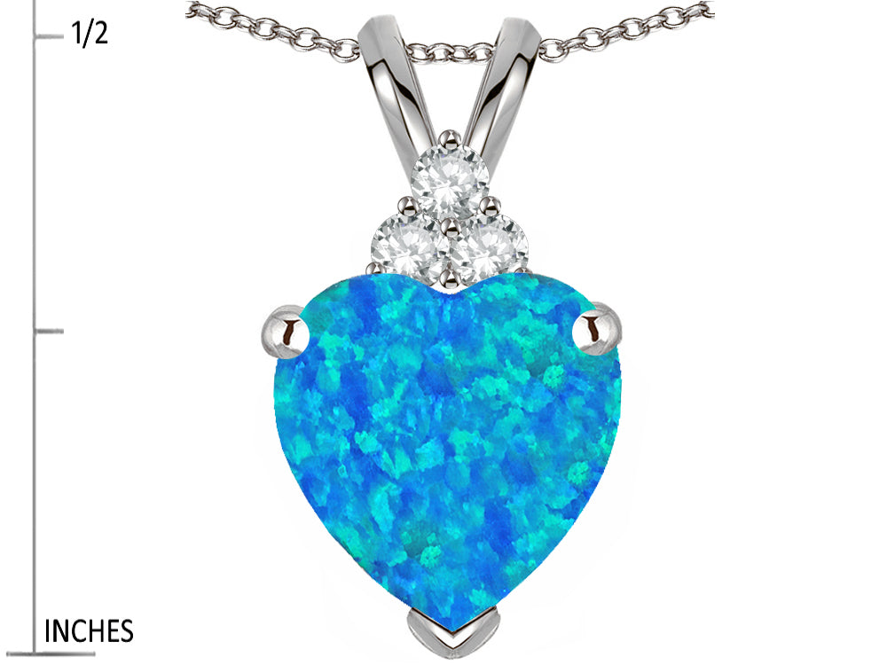 Star K 8mm Heart Shape Blue Created Opal Three Stone Pendant Necklace