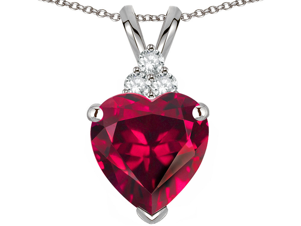 Star K 8mm Heart Shape Created Ruby Three Stone Pendant Necklace