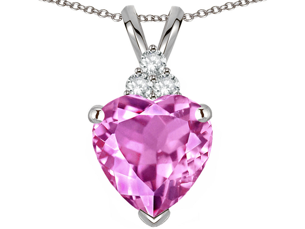 Star K 8mm Heart Shape Created Pink Sapphire Three Stone Pendant Necklace