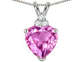 Star K 8mm Heart Shape Created Pink Sapphire Three Stone Pendant Necklace