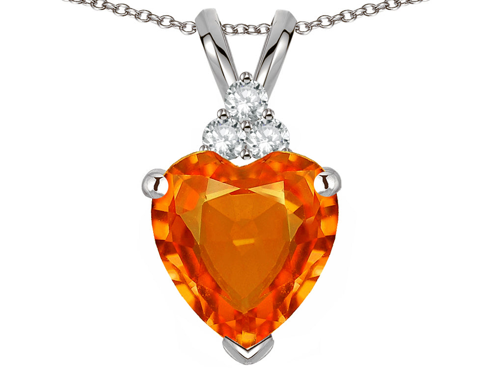 Star K 8mm Heart Shape Simulated Orange Mexican Fire Opal Three Stone Pendant Necklace