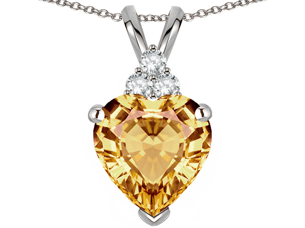 Star K 8mm Heart Shape Simulated Imperial Yellow Topaz Three Stone Pendant Necklace