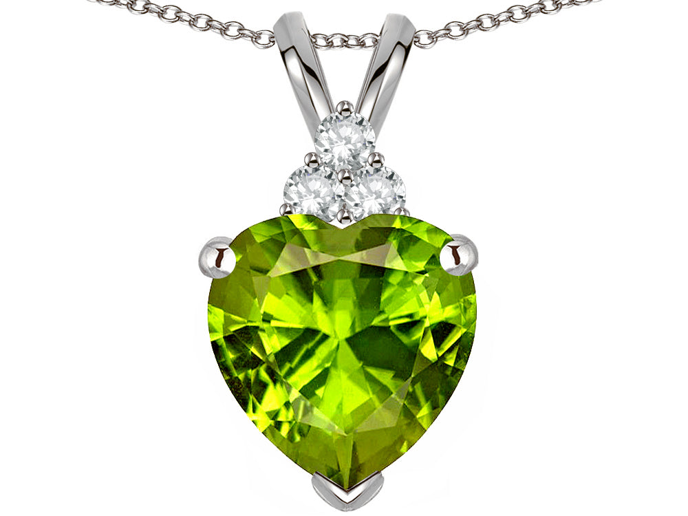 Star K 8mm Heart Shape Genuine Peridot Three Stone Pendant Necklace