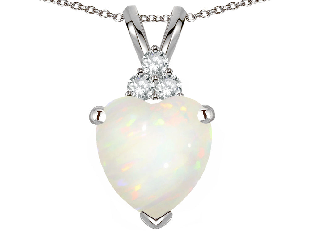 Star K 8mm Heart Shape Genuine Opal Three Stone Pendant Necklace