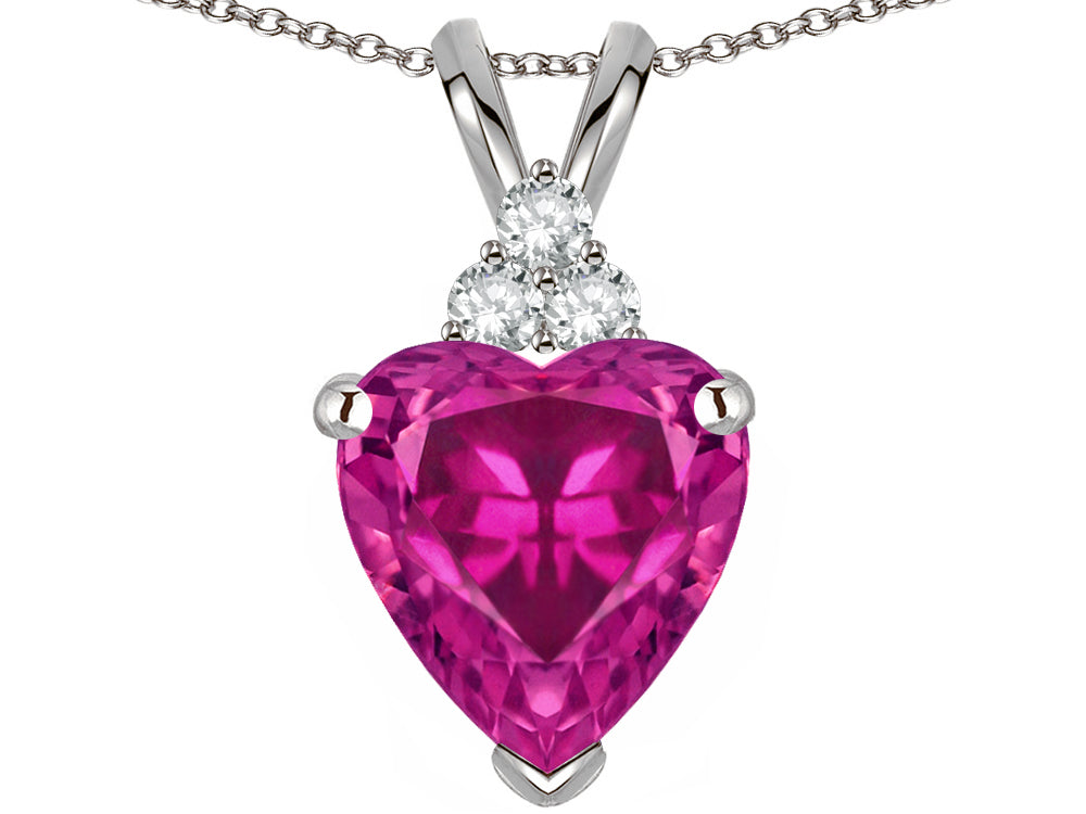 Star K 8mm Heart Shape Simulated Pink Tourmaline Three Stone Pendant Necklace