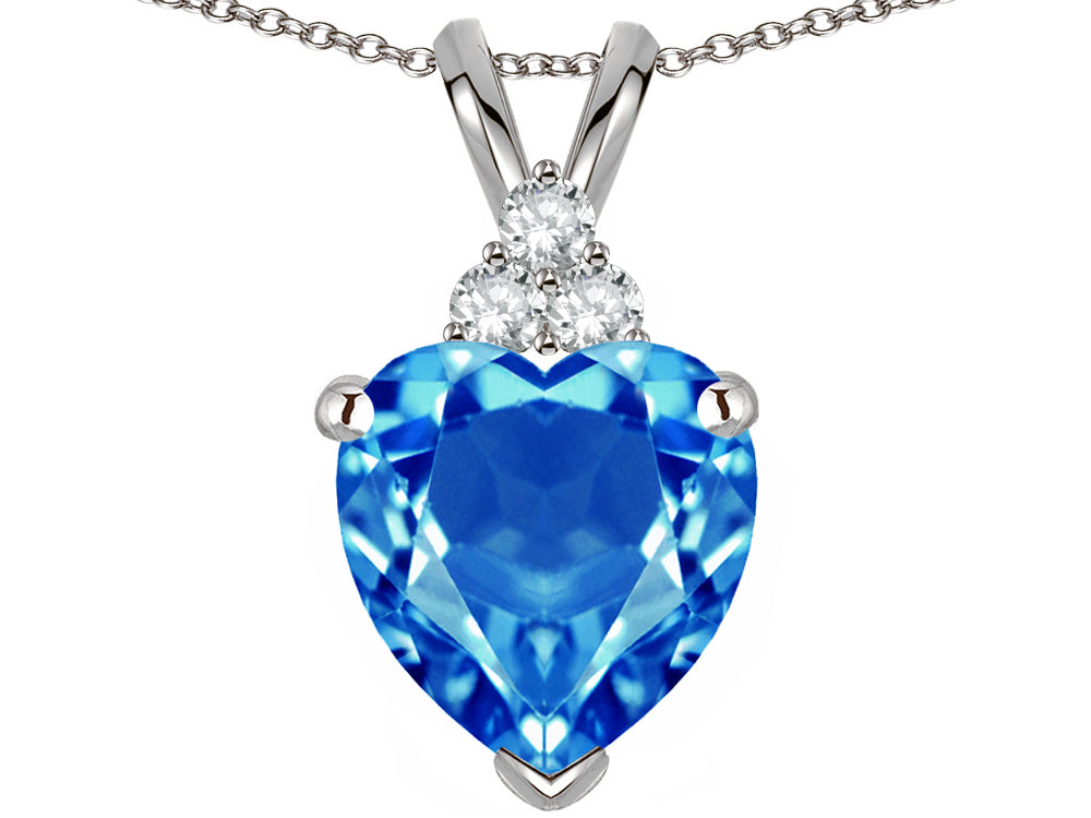 Star K 8mm Heart Shape Genuine Blue Topaz Three Stone Pendant Necklace