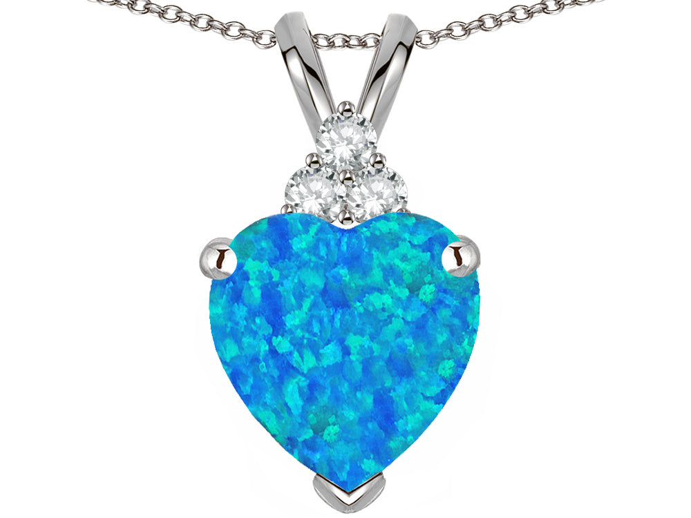 Star K 8mm Heart Shape Blue Created Opal Three Stone Pendant Necklace