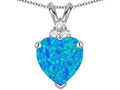 Star K 8mm Heart Shape Blue Created Opal Three Stone Pendant Necklace
