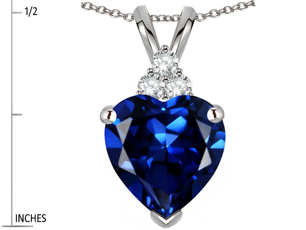 Star K 8mm Heart Shape Created Sapphire Three Stone Pendant Necklace