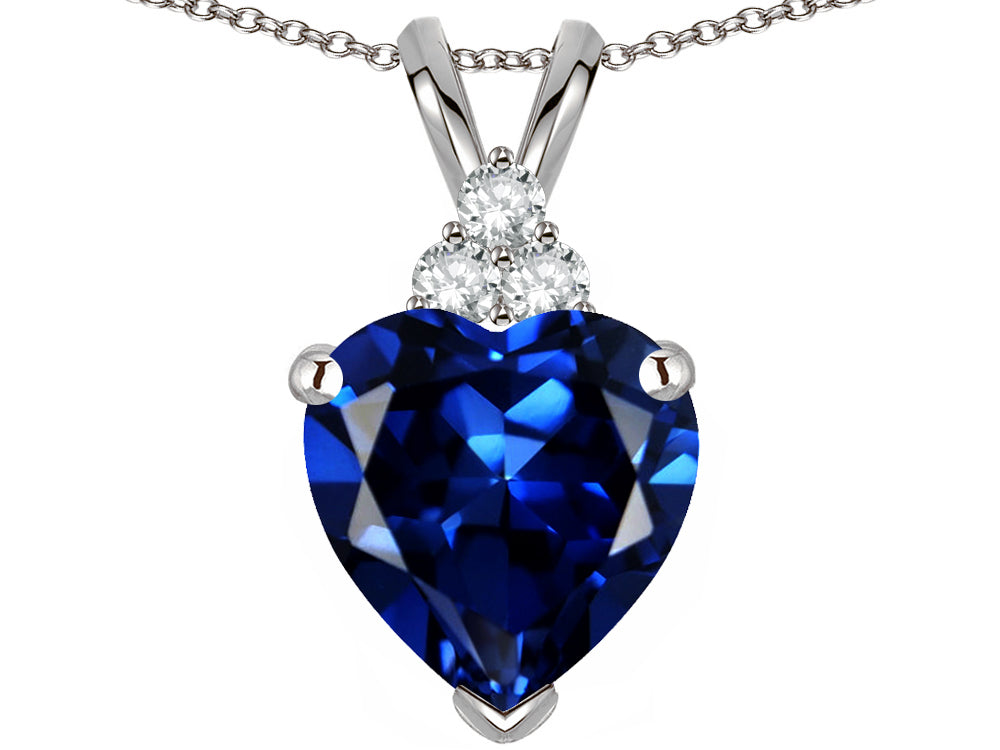 Star K 8mm Heart Shape Created Sapphire Three Stone Pendant Necklace