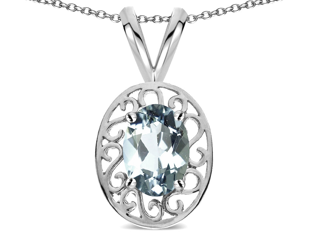 Star K  Vintage Style Filigree Oval 6x4mm Genuine Aquamarine Pendant Necklace