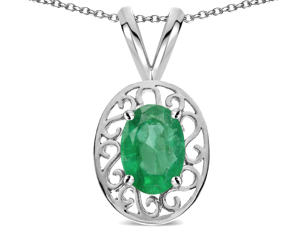 Star K  Vintage Style Filigree Oval 6x4mm Genuine Emerald Pendant Necklace