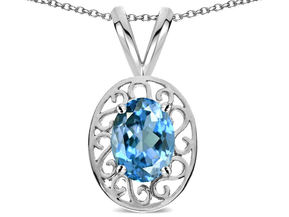 Star K  Vintage Style Filigree Oval 6x4mm Genuine Blue Topaz Pendant Necklace