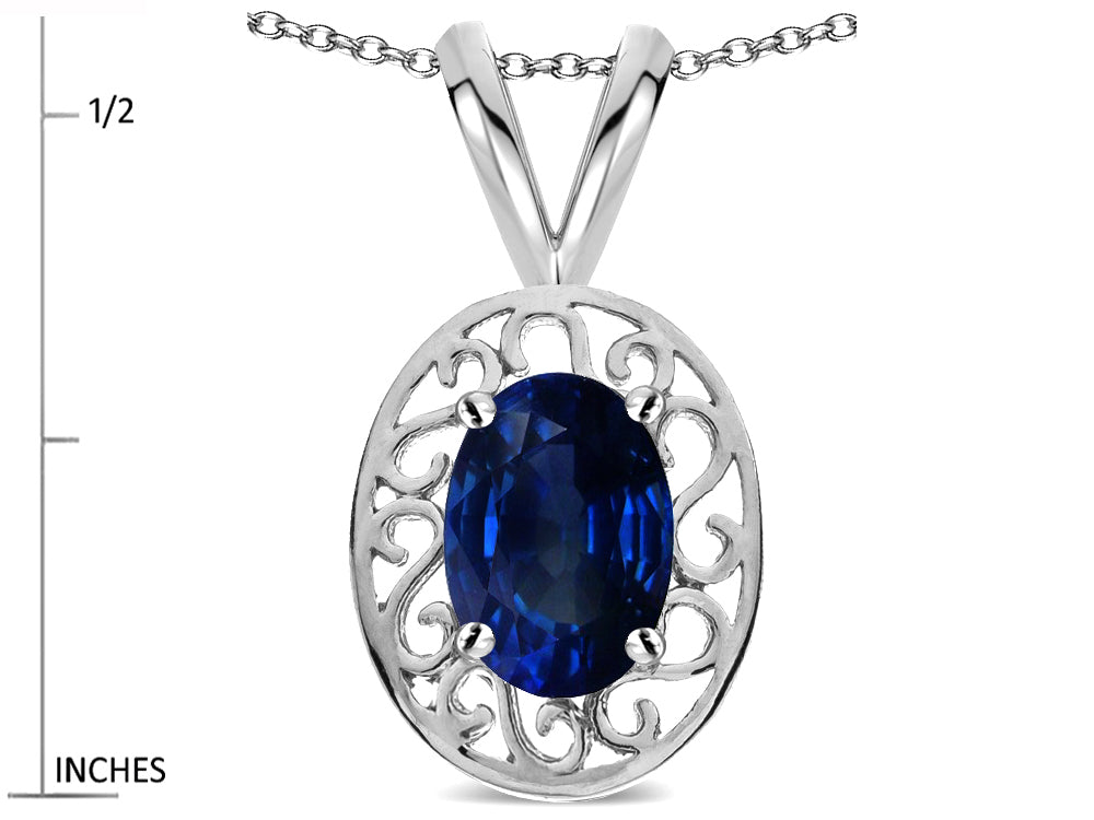 Star K  Vintage Style Filigree Oval 6x4mm Genuine Sapphire Pendant Necklace