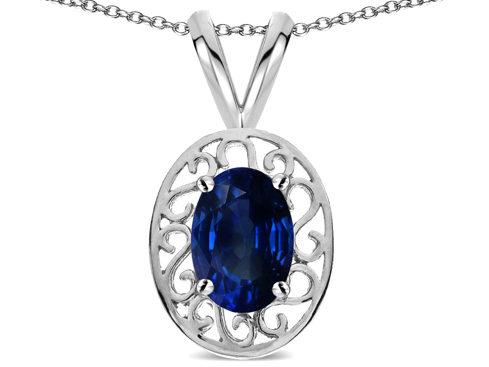Star K  Vintage Style Filigree Oval 6x4mm Genuine Sapphire Pendant Necklace