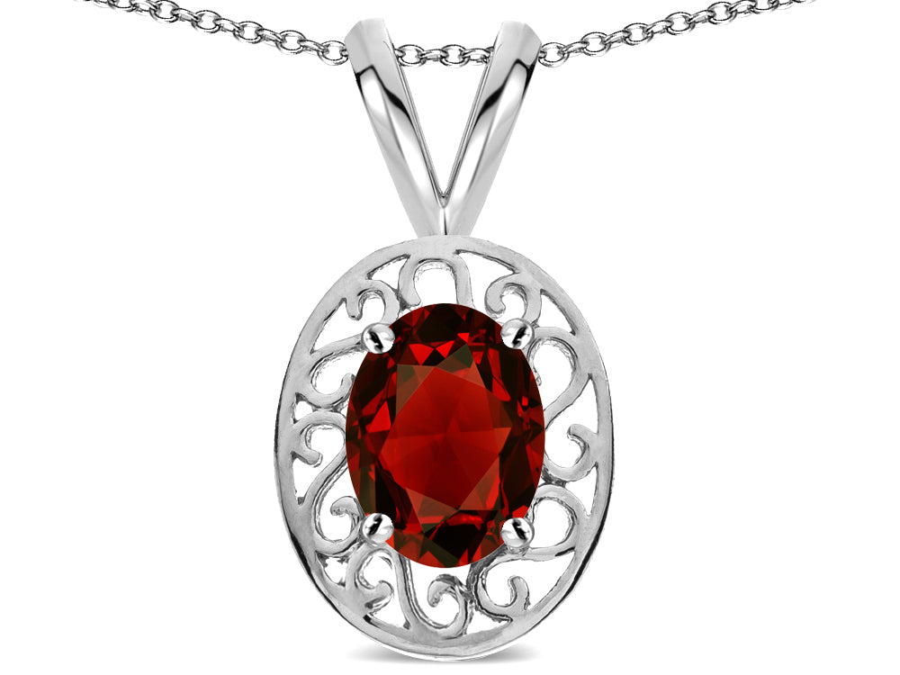 Star K  Vintage Style Filigree Oval 6x4mm Genuine Garnet Pendant Necklace