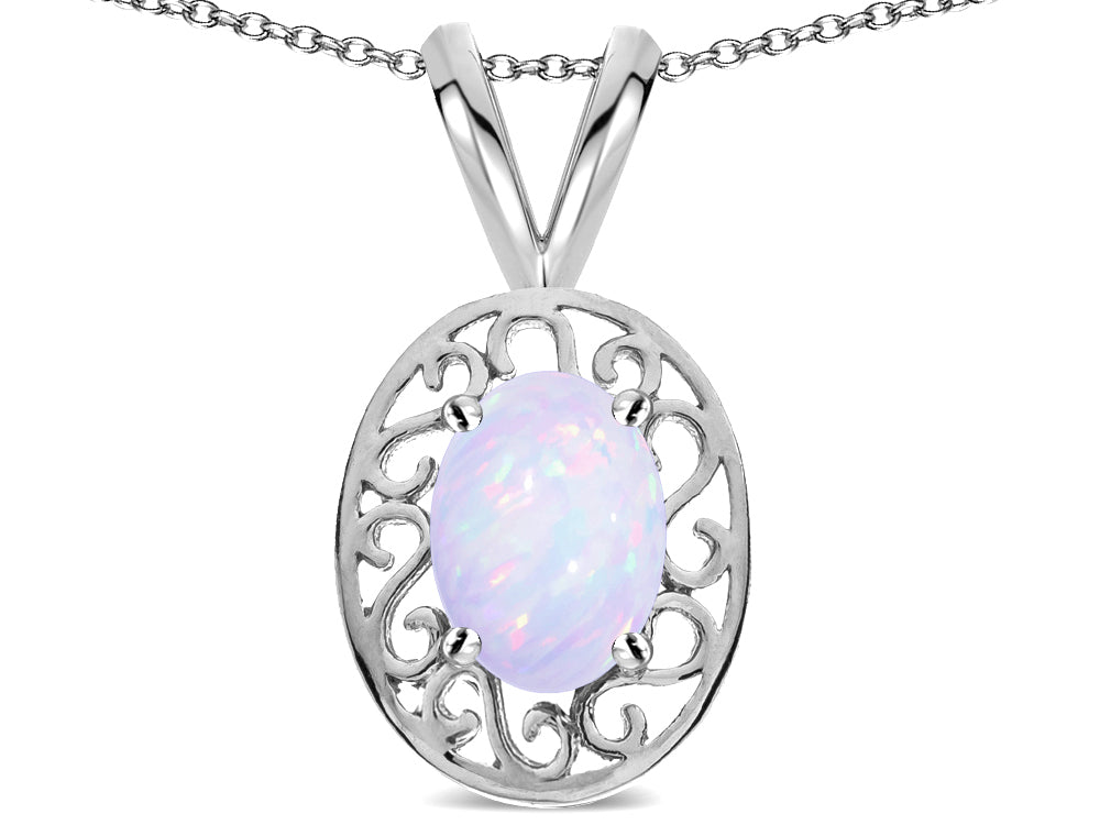 Star K  Vintage Style Filigree Oval 6x4 Genuine Opal Pendant Necklace