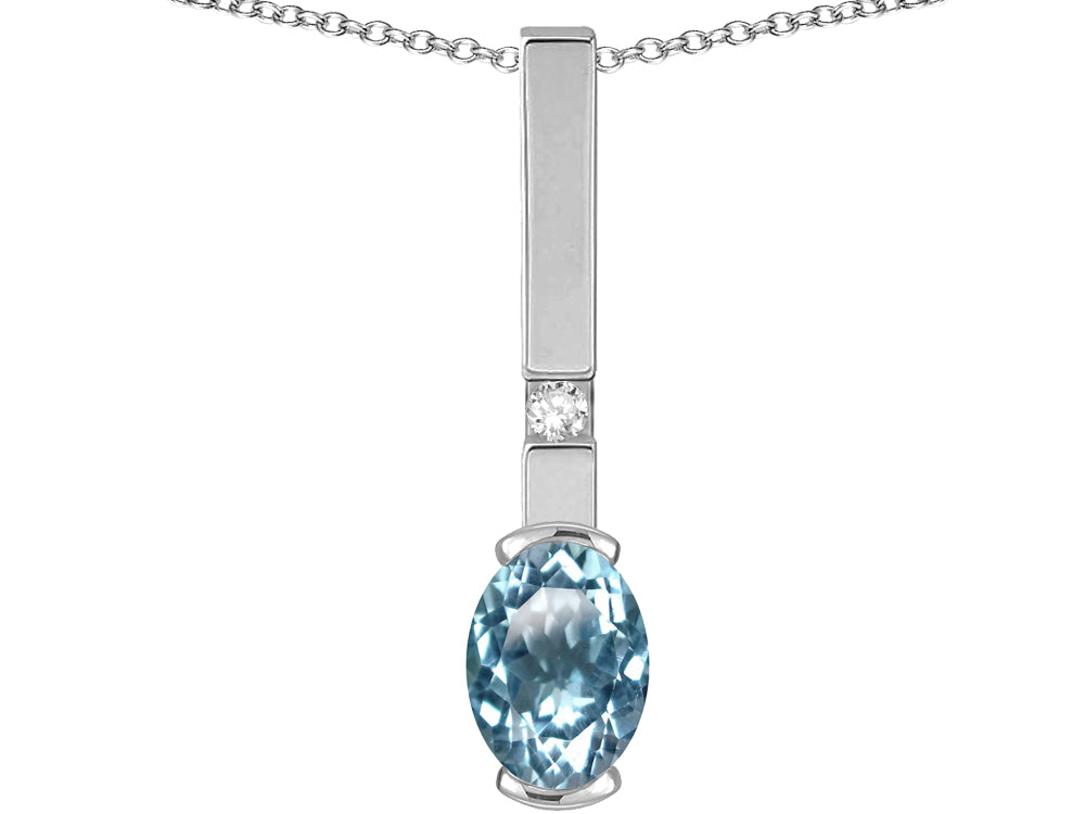 Star K  Oval 8x6mm Genuine Sky Blue Topaz Bar Pendant Necklace