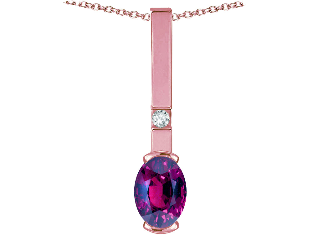 Star K  Oval 8x6mm Genuine Rhodolite Bar Pendant Necklace