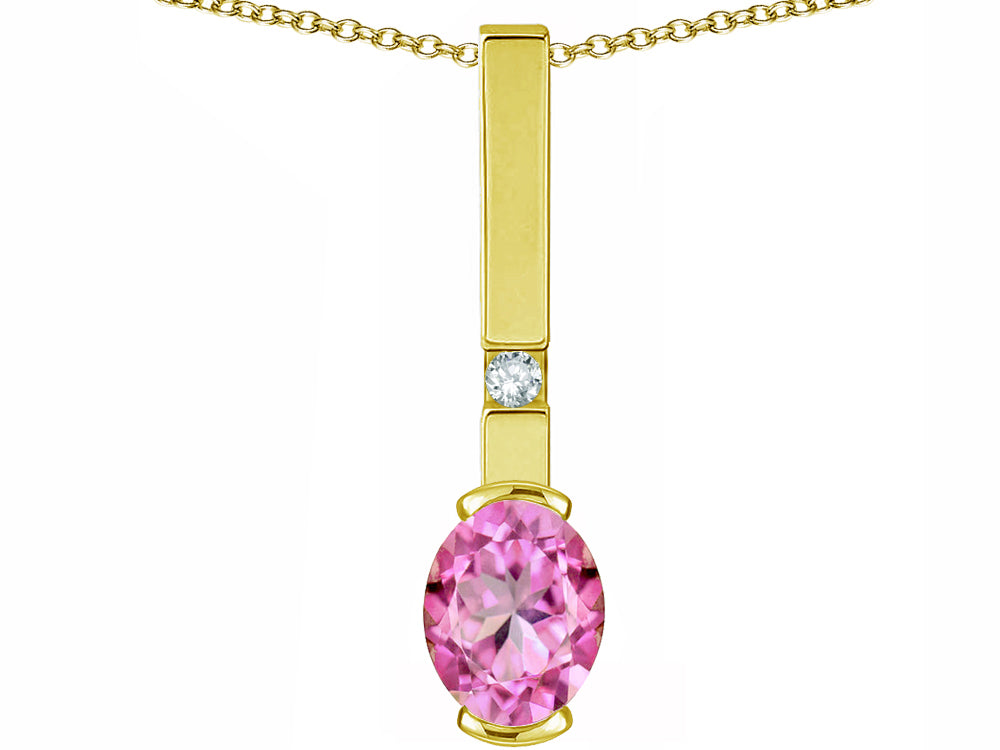 Star K  Oval 8x6mm Created Pink Sapphire Bar Pendant Necklace