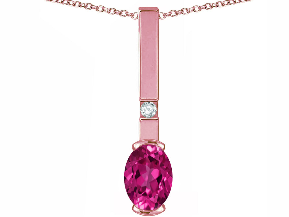 Star K  Oval 8x6mm Simulated Pink Tourmaline Bar Pendant Necklace