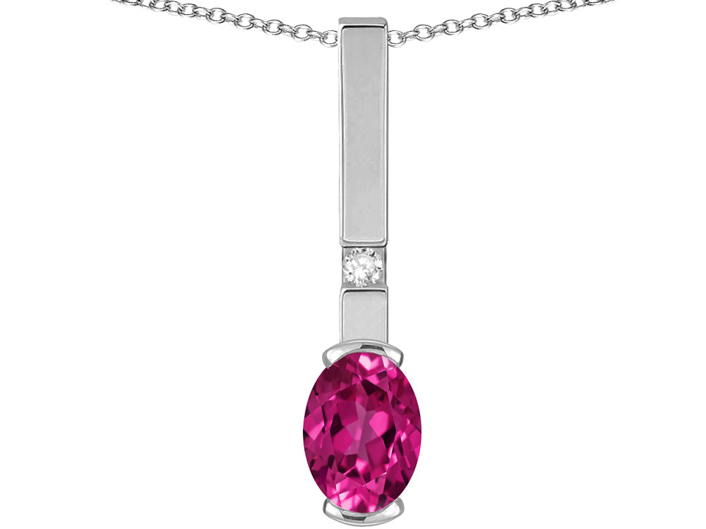 Star K  Oval 8x6mm Simulated Pink Tourmaline Bar Pendant Necklace