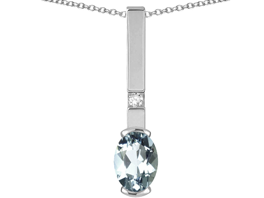 Star K  Oval 8x6mm Genuine Aquamarine Bar Pendant Necklace