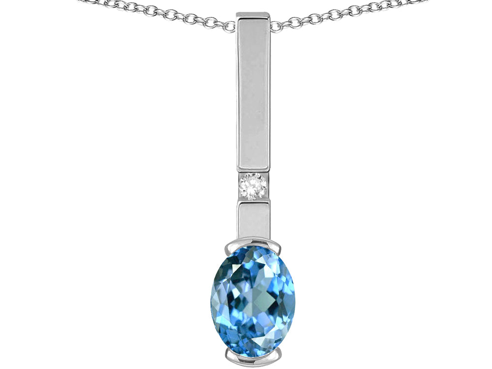 Star K  Oval 8x6mm Genuine Blue Topaz Bar Pendant Necklace