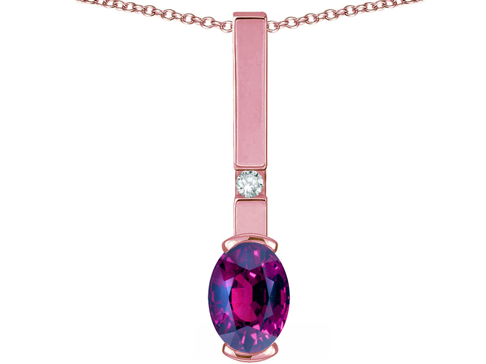 Star K  Oval 8x6mm Genuine Rhodolite Bar Pendant Necklace