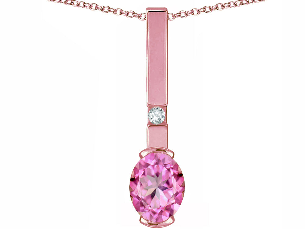 Star K  Oval 8x6mm Created Pink Sapphire Bar Pendant Necklace