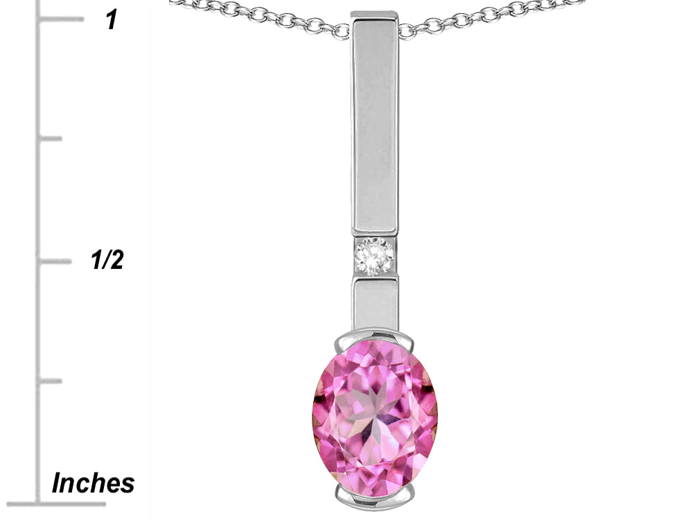 Star K  Oval 8x6mm Created Pink Sapphire Bar Pendant Necklace