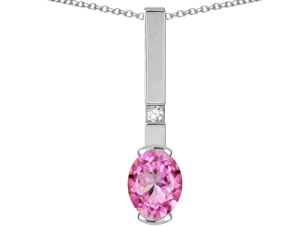 Star K  Oval 8x6mm Created Pink Sapphire Bar Pendant Necklace