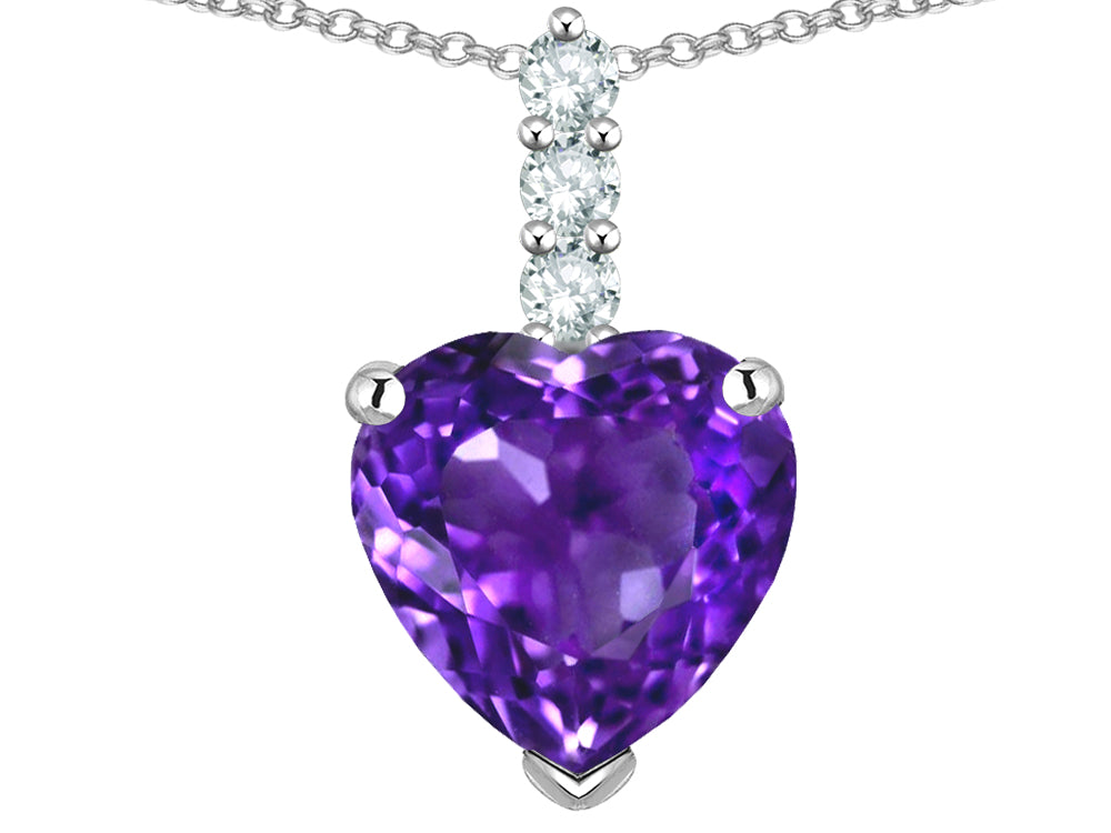 Star K  8mm Heart Shaped Genuine Amethyst Three Stone Pendant Necklace