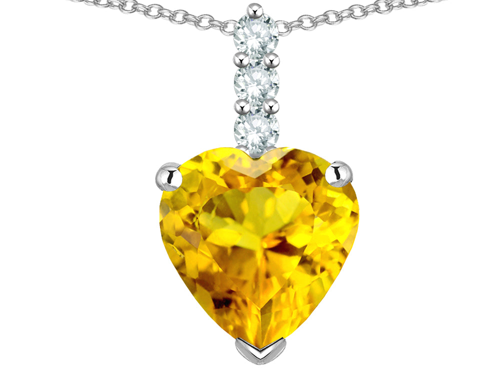 Star K  8mm Heart Shaped Genuine Citrine Three Stone Pendant Necklace