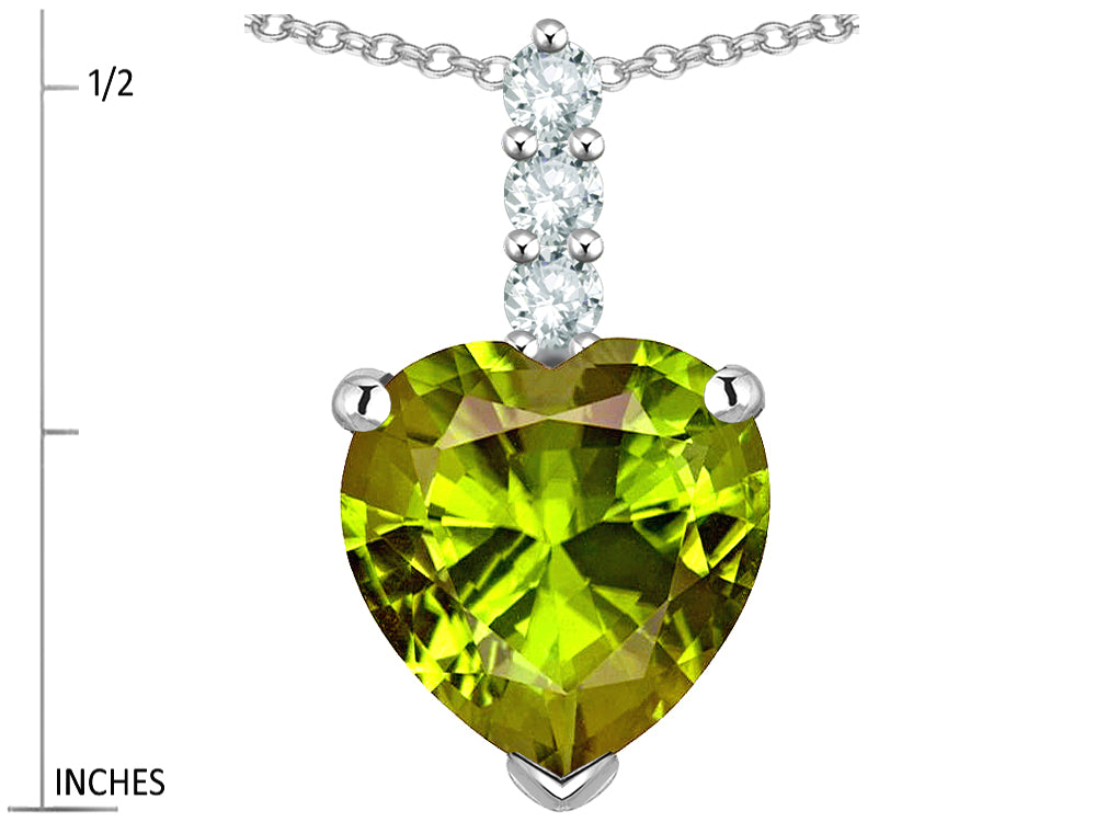 Star K  8mm Heart Shaped Genuine Peridot Three Stone Pendant Necklace