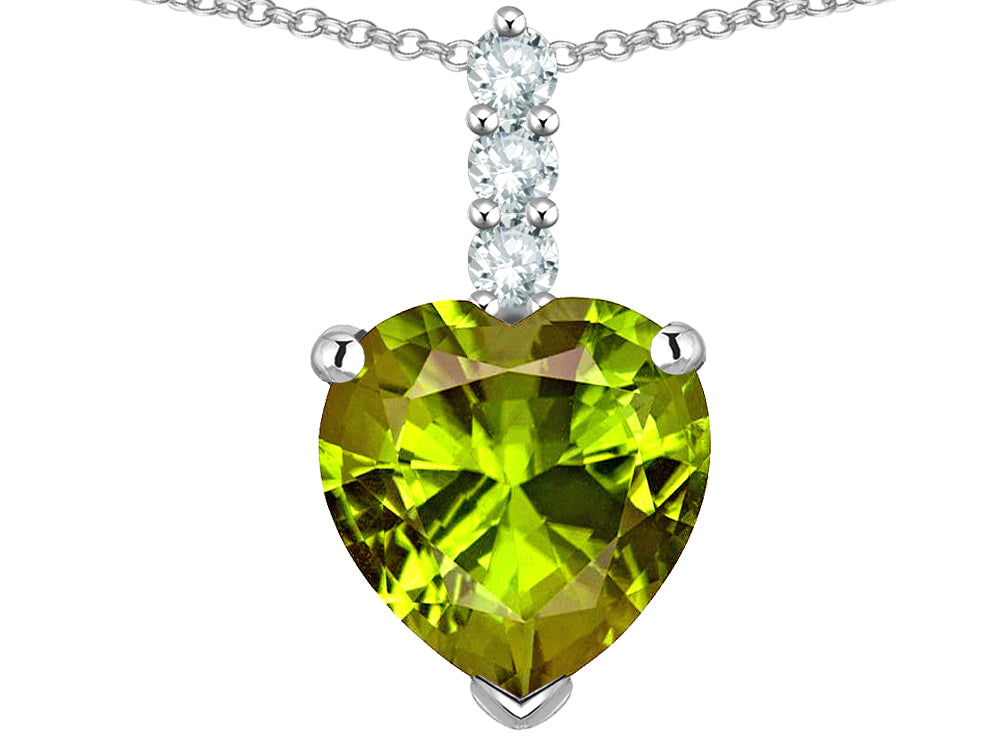Star K  8mm Heart Shaped Genuine Peridot Three Stone Pendant Necklace