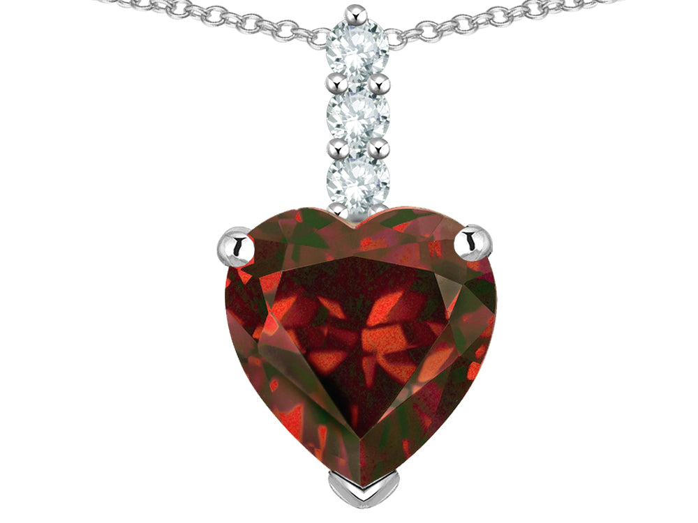 Star K  8mm Heart Shaped Genuine Garnet Three Stone Pendant Necklace