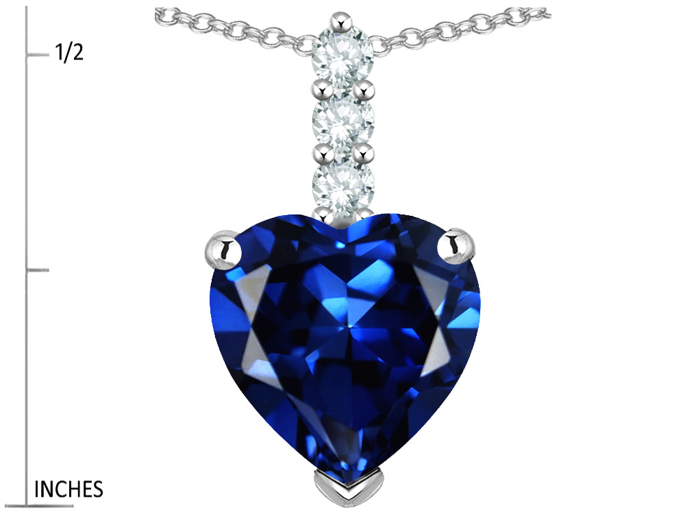 Star K  8mm Heart Shaped Created Sapphire Three Stone Pendant Necklace