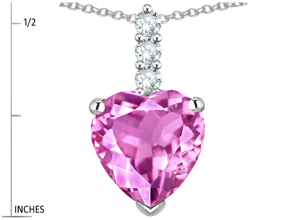 Star K  8mm Heart Shaped Created Pink Sapphire Three Stone Pendant Necklace
