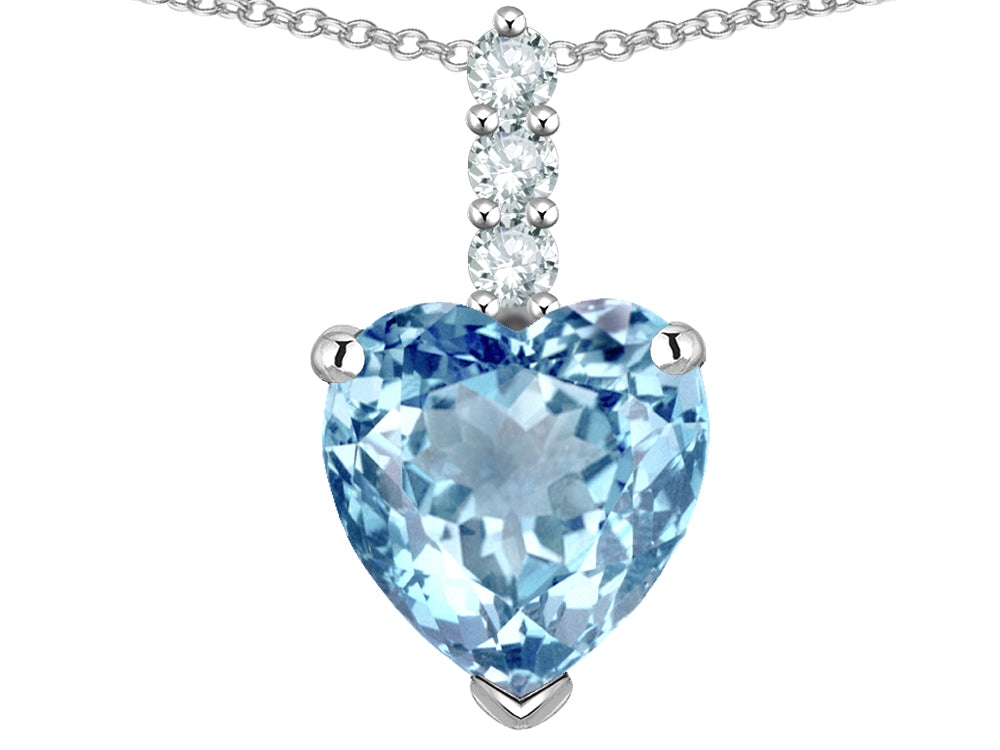 Star K  8mm Heart Shaped Simulated Aquamarine Three Stone Pendant Necklace
