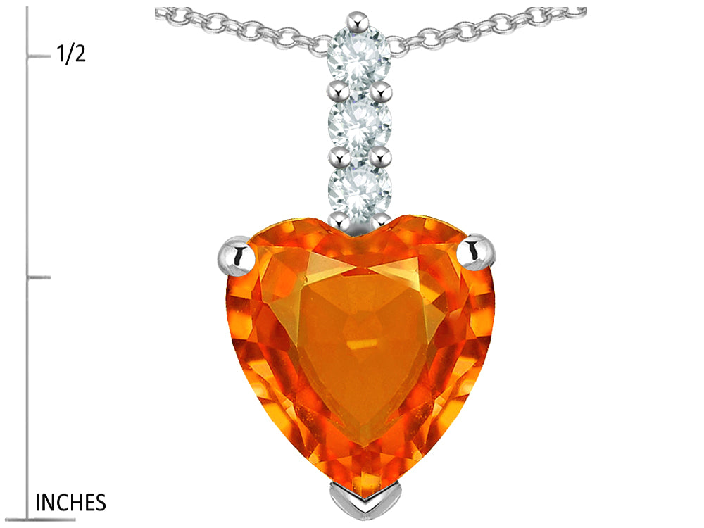 Star K  8mm Heart Shaped Simulated Orange Mexican Fire Opal Three Stone Pendant Necklace
